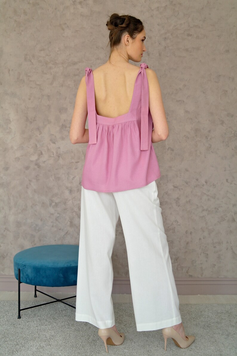 OPEN BACK Strap Top, Wide strap slip top, Linen tops for women, Linen top with long Straps, Open back top, Perfect summer top, Strap Top image 2