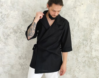 Linen Kimono Shirt Men, Men's Linen Black Kimono, Men Natural Linen Shirt, Kimono Style Shirt, Organic Flax Shirt for Men, Gift for Him!