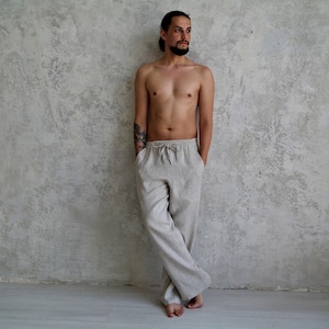 Leinenhose für Herren mit Taschen, gerade geschnittene Hose mit elastischem Kordelzugbund aus ungefärbtem Leinen