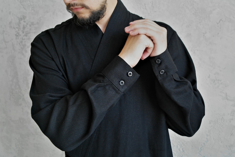 BLACK KIMONO SHIRT for Men, Men's Linen Kimono, Natural Linen Shirt, Japanese Style Shirt, Breathable Shirt for Men, Gift for Him image 10