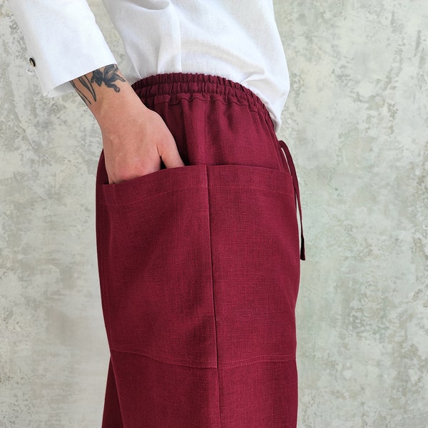 Organic Flax Pants for Men, Men's Loose Linen Pants, Men's Tapered Pants, Natural Linen Pants with 4 Pockets, Mens Elastic Waist Linen Pants