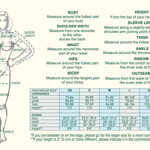 May include: A diagram showing how to measure different parts of the body for clothing sizes. The diagram includes a woman's body with lines indicating where to measure for bust, waist, hips, height, shoulder width, sleeve length, thigh, inseam, and ankle. A table shows the corresponding measurements in inches and centimeters for different international sizes, from XS to 2XL.