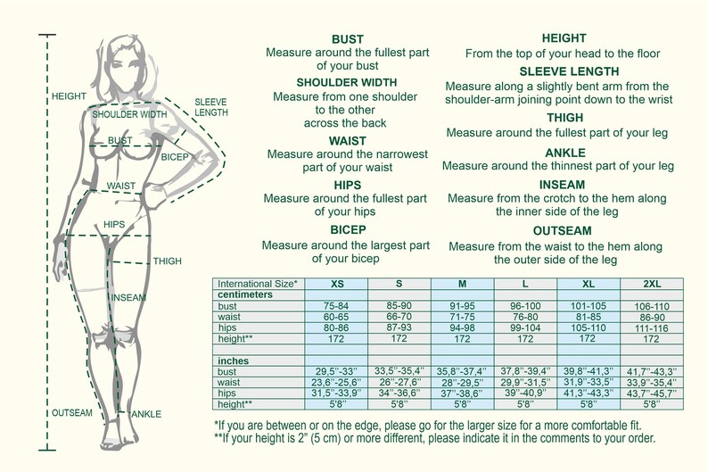 May include: A diagram showing how to measure different parts of the body for clothing sizes. The diagram includes a woman's body with lines indicating where to measure for bust, waist, hips, height, shoulder width, sleeve length, thigh, inseam, and ankle. A table shows the corresponding measurements in inches and centimeters for different international sizes, from XS to 2XL.