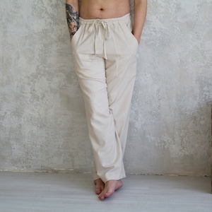 Linen Pants Men, Straight Men's Pants, 4-pocket Loose Linen Trousers, Man Linen Pants with Elastic Waist & Drawstring, Mens Summer Flax Pa
