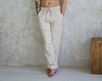 Linen Pants Men, Straight Men's Pants, 4-pocket Loose Linen Trousers, Man Linen Pants with Elastic Waist & Drawstring, Mens Summer Flax Pa