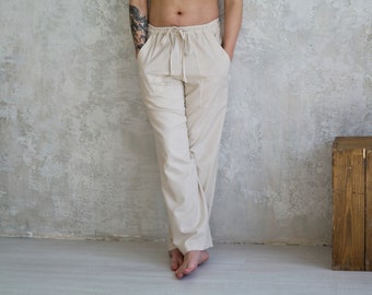 Linen Pants Men, Straight Men's Pants, 4-pocket Loose Linen Trousers, Man Linen Pants with Elastic Waist & Drawstring, Mens Summer Flax Pa