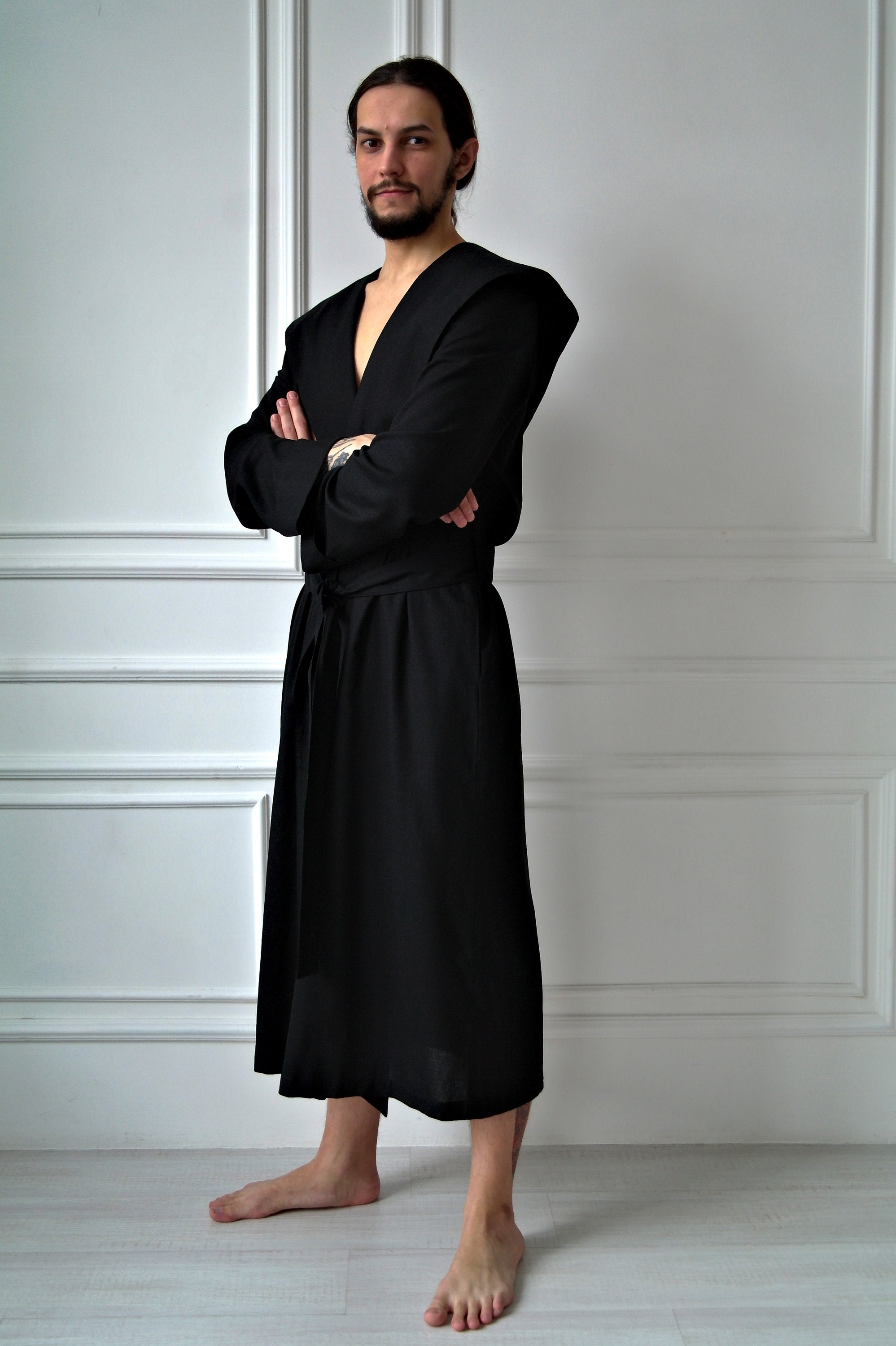 Mens Linen Robe Linen Robe for Men Hooded Black Robe Black Etsy Singapore