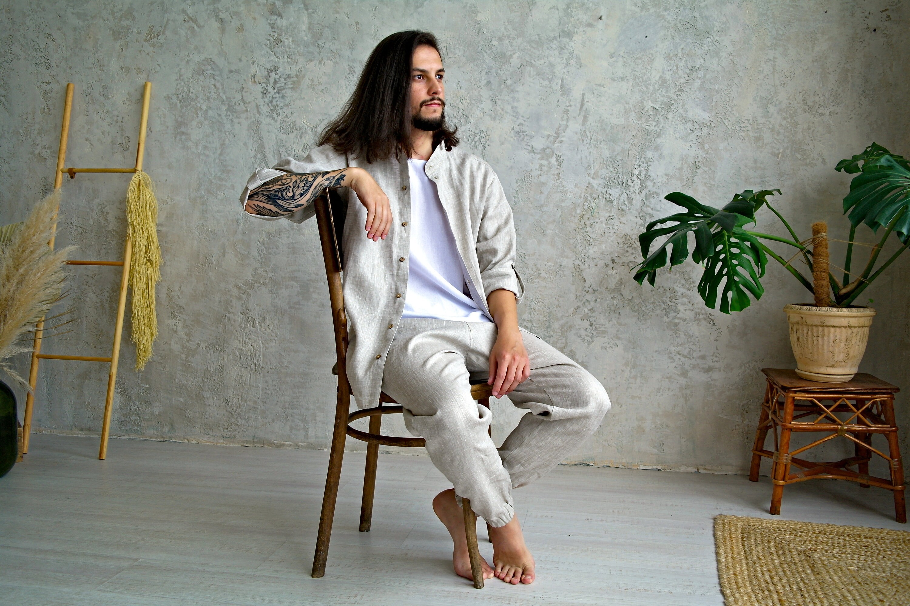 MENS LINEN SET: button down shirt, tapered linen pants, Men's Linen Suit, Undyed Linen Suit Men, Linen Jacket, Sustainable Linen, Flax Suit