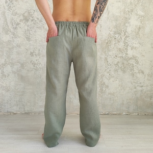 Straight Linen Pants for Men, Classic Linen Trousers, Organic Flax Men's Pants, Natural Linen Pants , Men's Elastic Waist Linen Pants zdjęcie 4