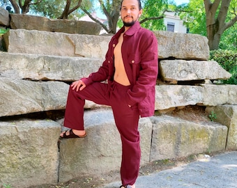 MEN'S LINEN SUIT: Button down Jacket and Straight Pants, Men's Linen Suit, Natural Mid-weight Linen, Casual Suit for Men, Organic Flax Suit