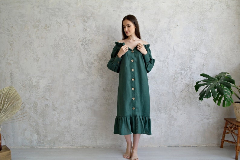 LINEN Off Shoulder Dress, Pure Linen Dress, Organic Flax Dress, Open shoulder dress Puffy sleeves, Midi Linen Dress, Natural linen dress image 3