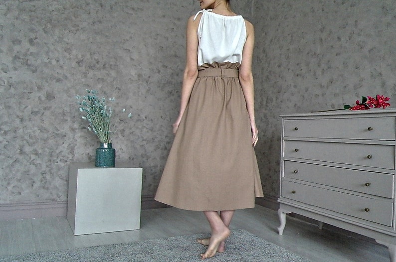 LINEN A-line SKIRT, High-waist elasic Skirt with Belt, Ruffled linen skirt, Midi Linen Skirt, Linen skirt with pockets, Long linen skirt image 5