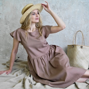 Women LINEN DRESS, size S, Cappuccino. Midi linen dress, Tea Length Dress, Natural Summer dress, Elegant linen dress, Organic Linen Dress