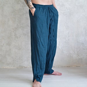 Linen Pants for Men, Men&#39;s Patch Pants, Loose Linen Pants, Mens Heavy Linen Pants, Organic Flax Men&#39;s Pants, Elastic Waist Linen Pants