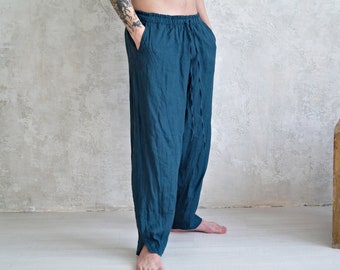 Linen Pants for Men, Men's Patch Pants, Loose Linen Pants, Mens Heavy Linen Pants, Organic Flax Men's Pants, Elastic Waist Linen Pants