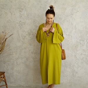 LINEN Kaftan for Women, size M/L. Linen DRESS with Bell Sleeves and Front Slit, Linen Kaftan Dress, Mid-calf Linen Dress, Long Linen Tunic
