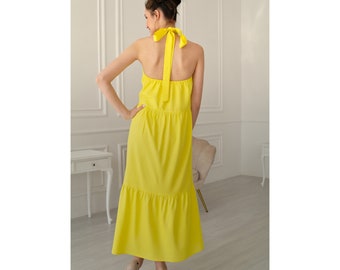 LINEN Sundress, Yellow Halter dress Womens, Open back dress, Linen strap dress, Backless sundress, Organic Flax dress, Long linen dress