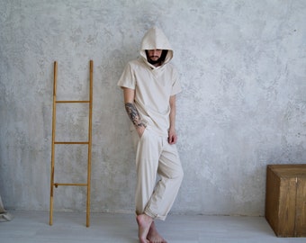 LINEN HOODIE set MEN, Linen Man Suit, Linen Hoodie and Straight Pants for Men, Linen Hooded Shirt, Organic Flax Summer Suit, Gift for Him