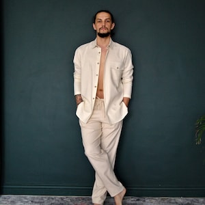 LINEN MENS SUIT: button down shirt, tapered linen pants. Beach Party Suit, Linen Suit for Men, Linen Men's Shirt&Pants, Natural Flax Suit image 3