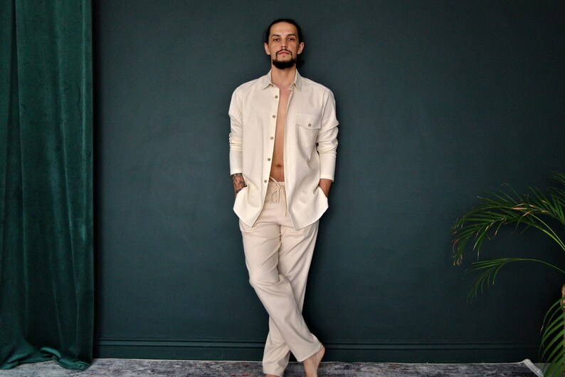LINEN MENS SUIT: button down shirt, tapered linen pants. Beach Party Suit, Linen Suit for Men, Linen Men's Shirt&Pants, Natural Flax Suit image 3
