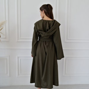 Szlafrok lniany damski, szlafrok w kolorze ciemnej oliwki, długi szlafrok kimono, szlafrok lniany damski, szlafrok lniany z kapturem, szlafrok lniany maxi, szlafrok z kapturem, szlafrok lniany naturalny