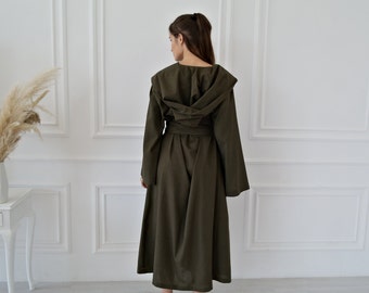 Linen robe Women, Dark Olive robe, Long Kimono robe, Linen Robe Women, Hooded Linen robe, Maxi Linen robe, Robe with hood, Natural Flax robe