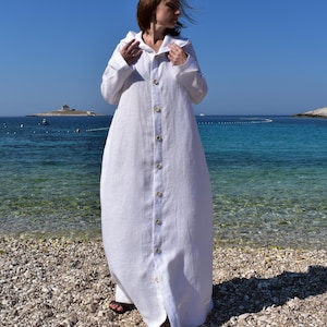 MAXI Linen Beach Dress, Hooded Linen Kaftan, Long Linen Cape, Womens Linen Robe, Organic Flax Robe, Women&#39;s Hooded Dress, Linen Summer Coat
