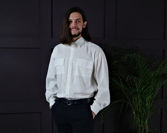 MEN Linen SHIRT, Loose Button down shirt, Men Shirt with Pockets, White linen shirt, Linen shirt men, Linen Long-sleeve shirt, Gift for Him!