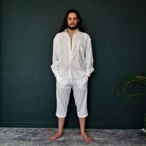 Men's BEACH VACATION Linen Set: loose button down Shirt and long roll-up Shorts, Mens Linen Loungewear, Beach Party Linen Outfit, Flax Suit