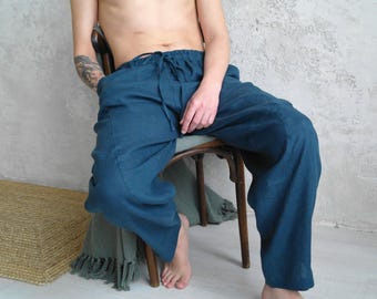 Men's Graphic Linen Trousers, Navy Blue, Drawstring Waist, Summer Casual Wear
