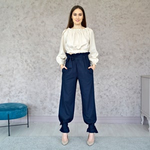 LINEN PANTS for Women, Natural Linen pants, Women's Wide-leg Pants with Straps, Women Linen trousers, Womens Flax pants, Wide linen Trousers image 3