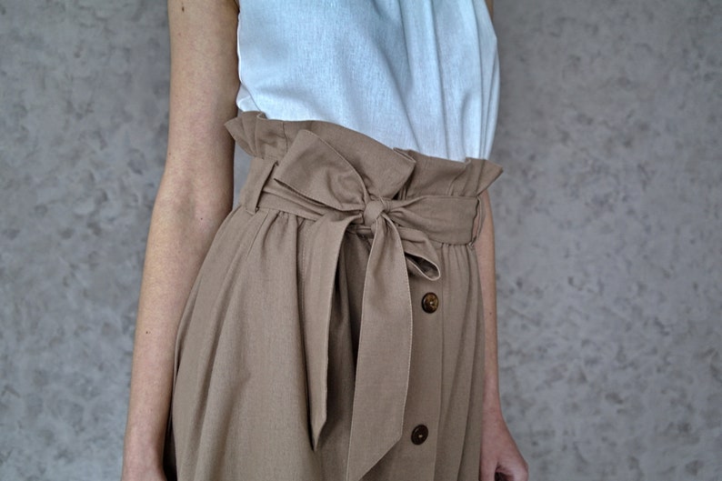 LINEN A-line SKIRT, High-waist elasic Skirt with Belt, Ruffled linen skirt, Midi Linen Skirt, Linen skirt with pockets, Long linen skirt image 2