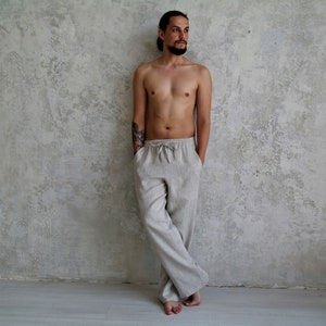 Loose Linen Pants, Men&#39;s Wide Leg Pants Linen Pants, Straight Linen Pants with Pockets, Men&#39;s Elastic Waist Linen Pants