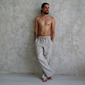 Loose Linen Pants, Men's Wide Leg Pants Linen Pants, Straight Linen Pants with Pockets, Men's Elastic Waist Linen Pants