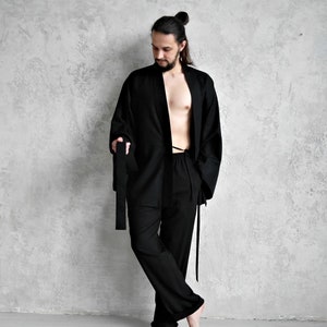 Linen KIMONO Jacket Mens, JAPANESE style Jacket, Wide-sleeve Linen Cardigan for Men, Men Linen Robe, Organic Flax Jacket, Gift for Him image 9