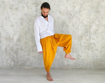 Men's Harem Linen Pants, Pleated Linen Pants Mens, Mens Cropped Linen Pants, Men's Yoga Linen Pants, Organic Flax Pants, Linen Pants Pockets