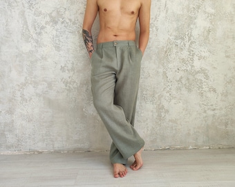 Men's Straight Linen Trousers, Sage Green, Elastic Waist, OEKO-TEX Certified