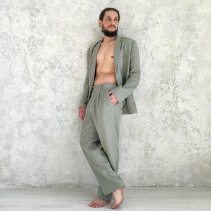 Men's Classic Linen Suit with Two Button Jacket and Pleated Straight Pants