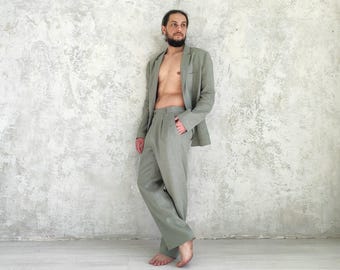 Men's Classic Linen Suit with Two Button Jacket and Pleated Straight Pants