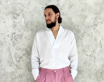 Camicia in lino da uomo, elegante camicia in lino bianco, camicia da testimone di nozze, camicia da matrimonio, maglione in lino da uomo, felpa in lino da uomo, camicia in lino biologico