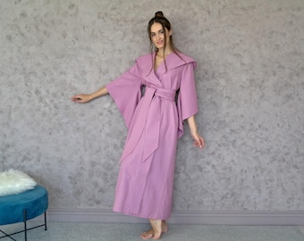 Japanese Sleeve Linen Kimono Robe for Women, Hooded Maxi Wrap with Wide Belt