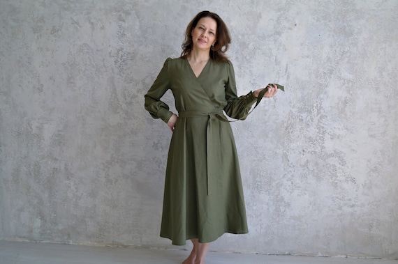 Linen Wrap Dress Olive Linen Dress Linen A line Dress Natural