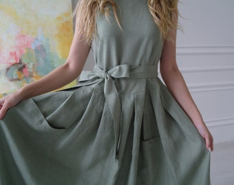 LINEN DRESS Womens, Linen dress with Pleated skirt, Maxi linen dress with pockets and belt, Sage Green linen dress, Natural Flax Long dress