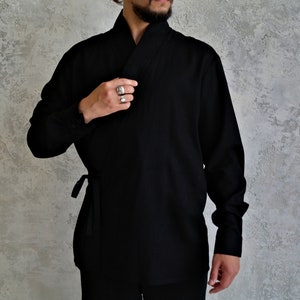 BLACK KIMONO SHIRT for Men, Men's Linen Kimono, Natural Linen Shirt, Japanese Style Shirt, Breathable Shirt for Men, Gift for Him image 5
