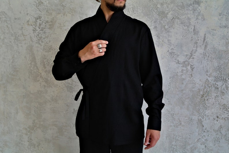 BLACK KIMONO SHIRT for Men, Men's Linen Kimono, Natural Linen Shirt, Japanese Style Shirt, Breathable Shirt for Men, Gift for Him image 5