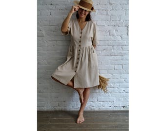 Loose Linen Dress for Women, V Neck Button Front Midi, Batwing Sleeves, Pockets