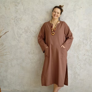 Linen Beach Dress with Side Slits, Womens Linen KAFTAN, Linen Tunic with Roll-up Sleeves, Long V-neck Dress, Organic Flax Kaftan Dress Women image 4