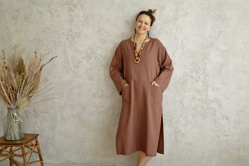 Linen Beach Dress with Side Slits, Womens Linen KAFTAN, Linen Tunic with Roll-up Sleeves, Long V-neck Dress, Organic Flax Kaftan Dress Women image 4