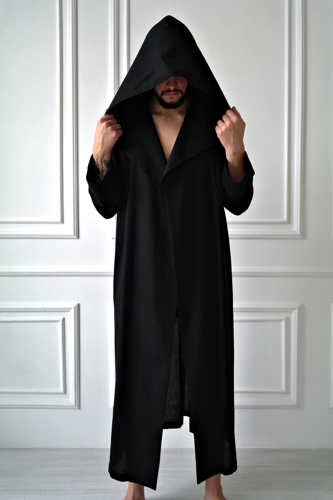 Mens Linen Robe, Linen Robe for Men, Hooded Black Robe, Black