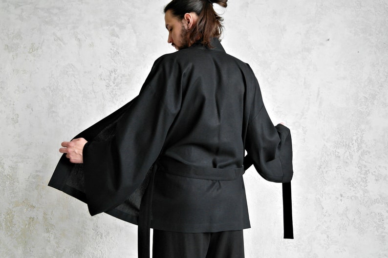 Linen KIMONO Jacket Mens, JAPANESE style Jacket, Wide-sleeve Linen Cardigan for Men, Men Linen Robe, Organic Flax Jacket, Gift for Him image 8